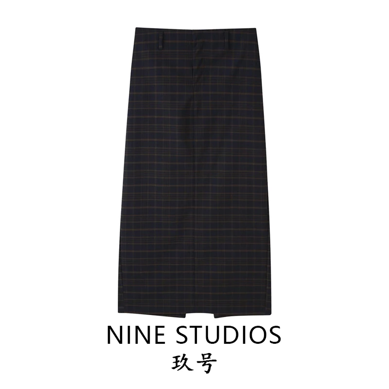 High Waist Plaid Midi Slit Long Skirt Casual Women's Fashion Spring Autumn Season Straight Cut High Waist Design Other Material