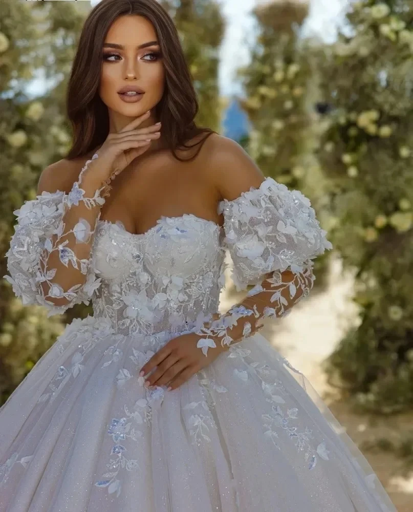

Vintage Wedding Dress 2026 Sweetheart 3D Appliques Lace Long Puffy Sleeves Bridal Bride Gown Vestido de Noiva Robe Mariage
