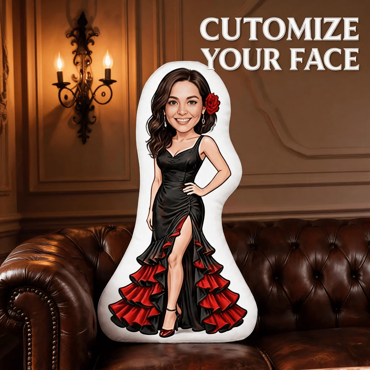 Custom Photo Shaped Pillow, Personalized Woman in Black Red Ruffle Dress Decorative Cushion, Unique Home Decor Accent for Sofa &