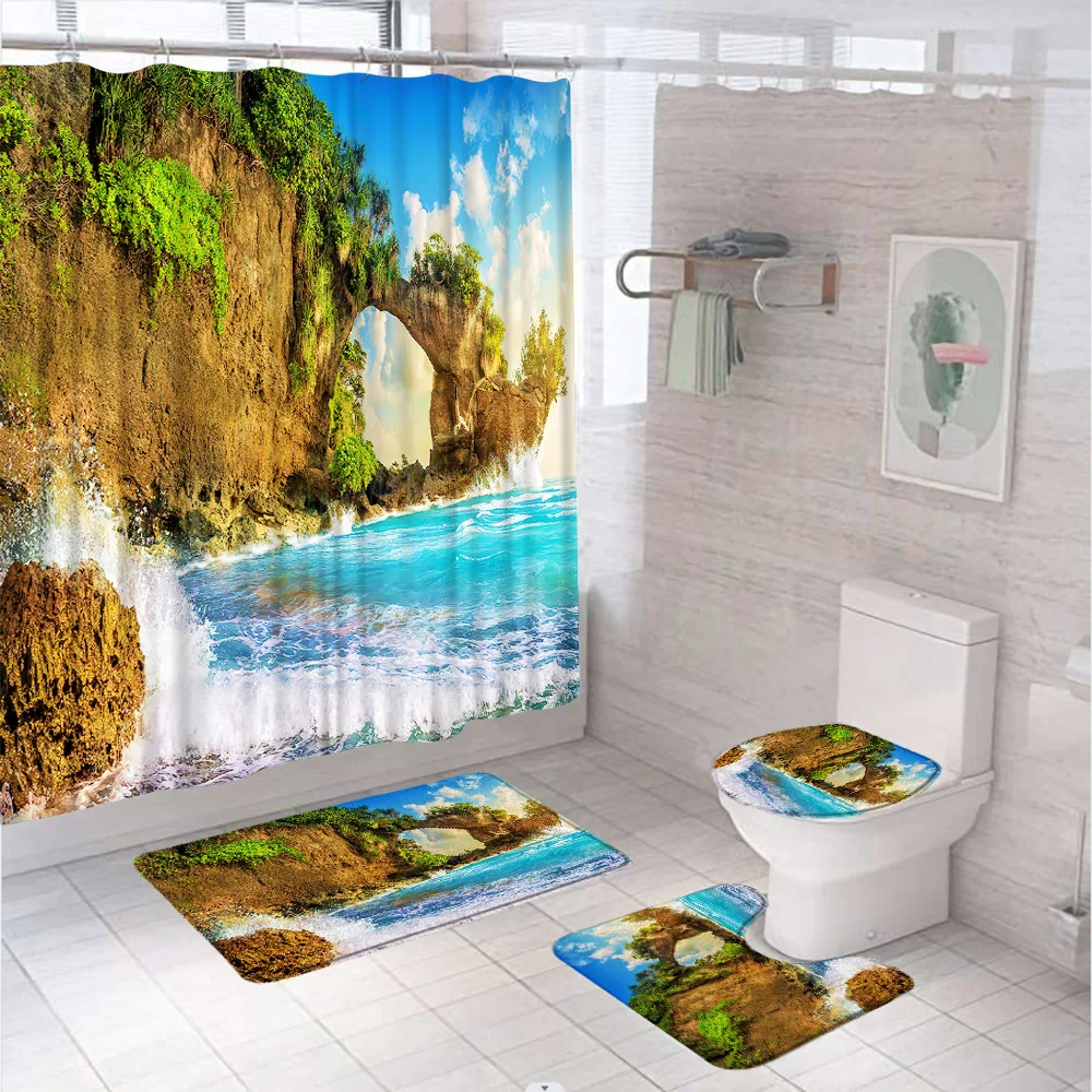 

Ocean Beach Coastal Shower Curtain Set Blue Sea Sky Waves Seaside Natural Scenery Bathroom Screen With Rug Bath Mat Toilet Cover