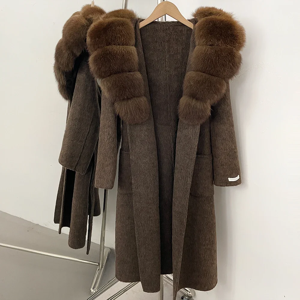 OFTBUY Neue Winterkleidung für Damen, Langer Mantel mit Kapuze aus 100% Wolle mit Echtfuchs-Pelzbesatz, Luxuriöse Lose Natürliche Pelz-Wolljacke für Damen – Detail 11