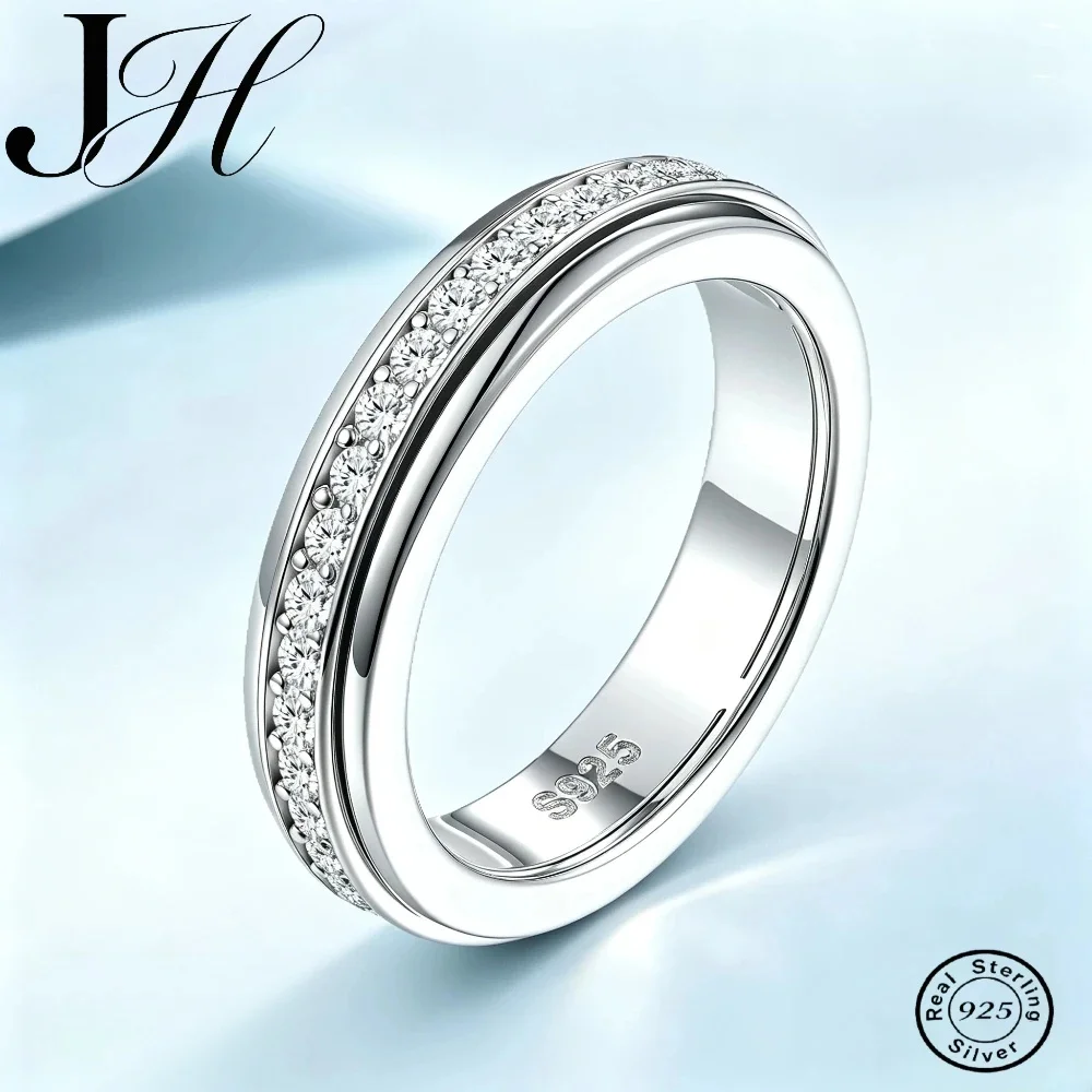 JOIAS HOME Sparkling Full Pave Moissanite Spinner Ring D Color VVS1 Eternity Wedding Band 925 Sterling Silver Women Fine Jewelry