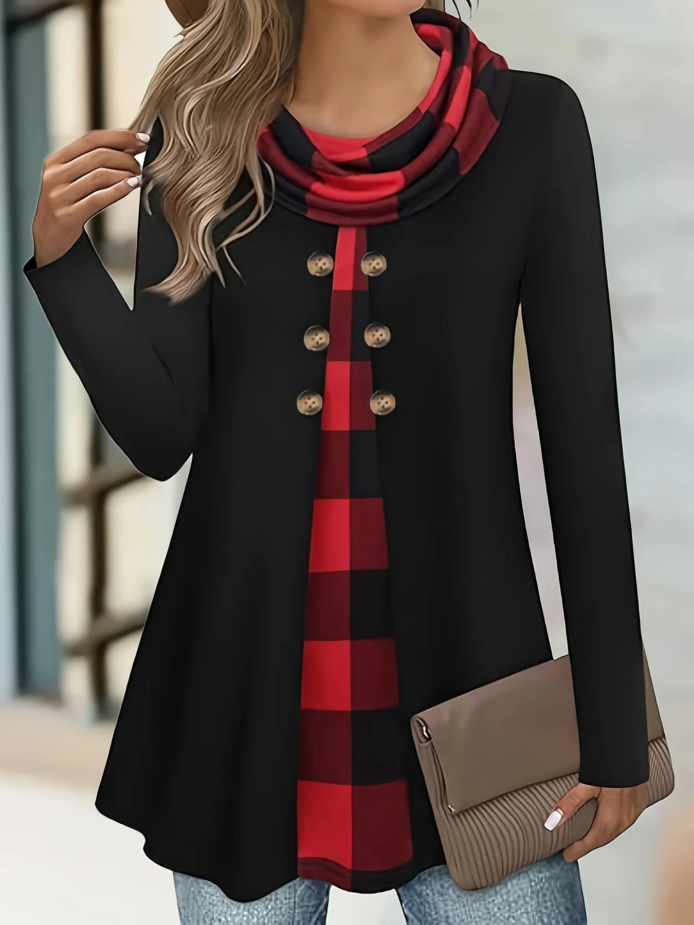 European and American fashion plaid print fake two-piece pleated scarf wild button plus size women's thin long-sleeved T-shirt