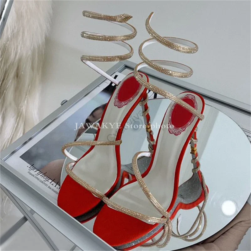 Snake Gladiator High heel Party Shoes Women Sexy Open lace Runway Stilettos Crystal Shoes Narrow band Rhinestones Sandals mujer