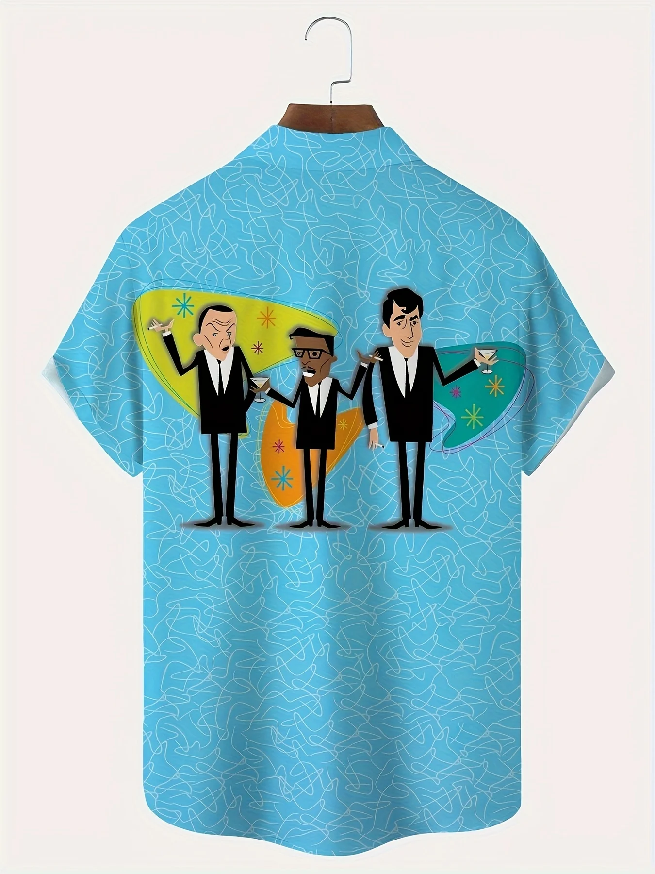 Men Short Sleeve Shirt Retro Cartoon Gentlemen Party Figure Print Turn‑Down Collar Hawaiian Casual Tops