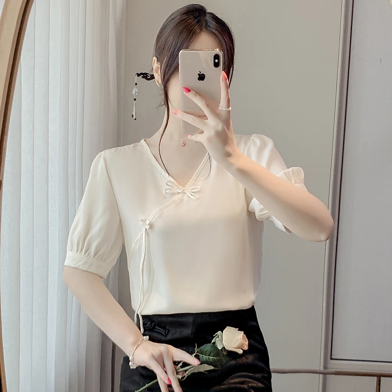 Blus gaya Tiongkok blus Wanita leher V lengan pendek baru musim panas kemeja sifon Atasan wanita blus wanita Verano K15 2024