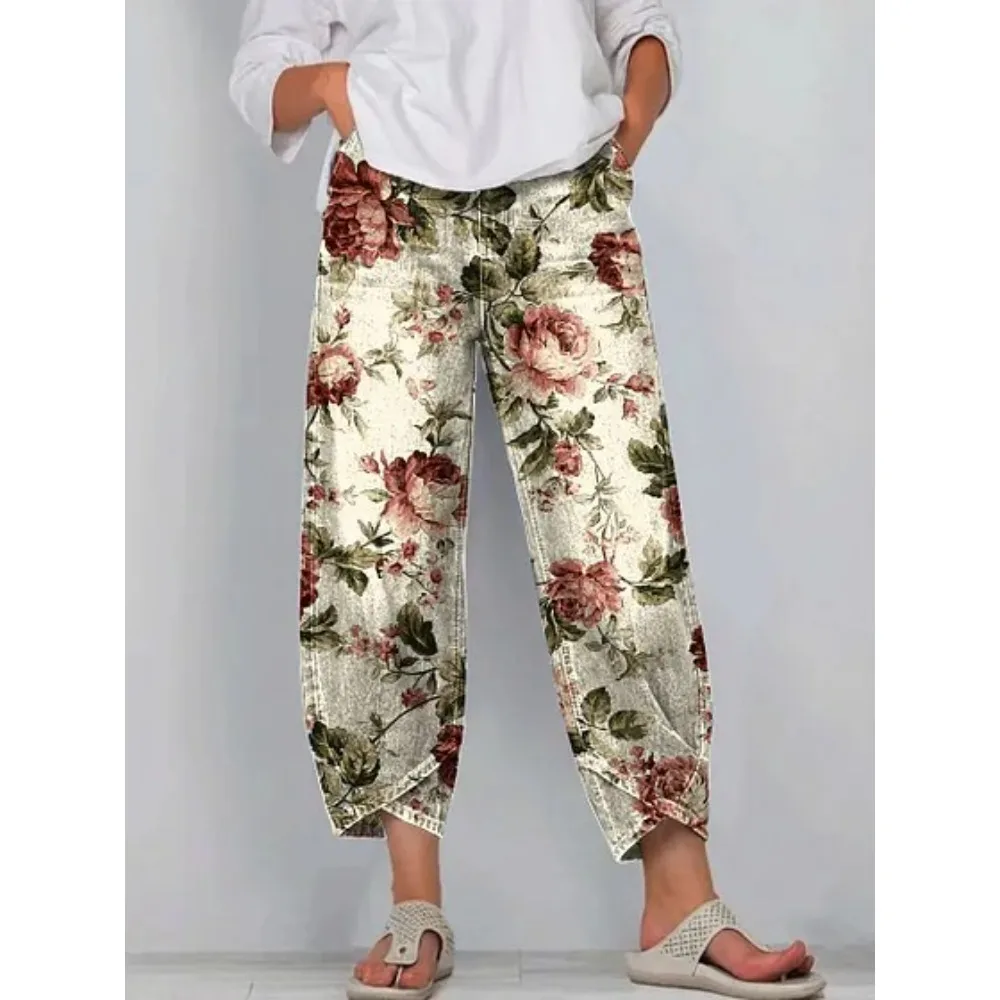 Damen Baumwoll-Caprihose mit Blumenmuster, Lässige Weite Haremshose in Knöchellänge mit Tulpenabschluss, Jogginghose für Tägliche Outdoor-Aktivitäten – Detail 13