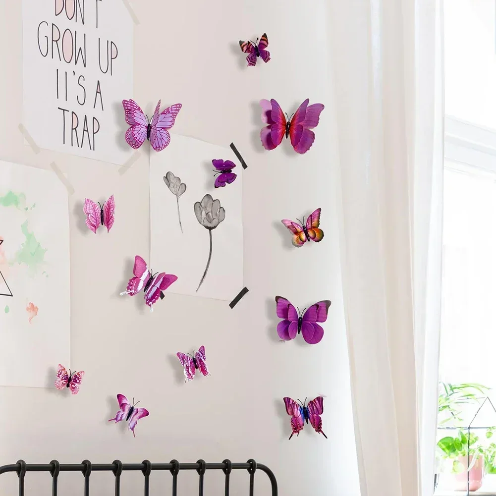 12pc 3D Double Layer Butterfly Decal Wall Stickers New Year Gift Home Decorations DIY Art Wall Magnet Stickers Kids Room Decor