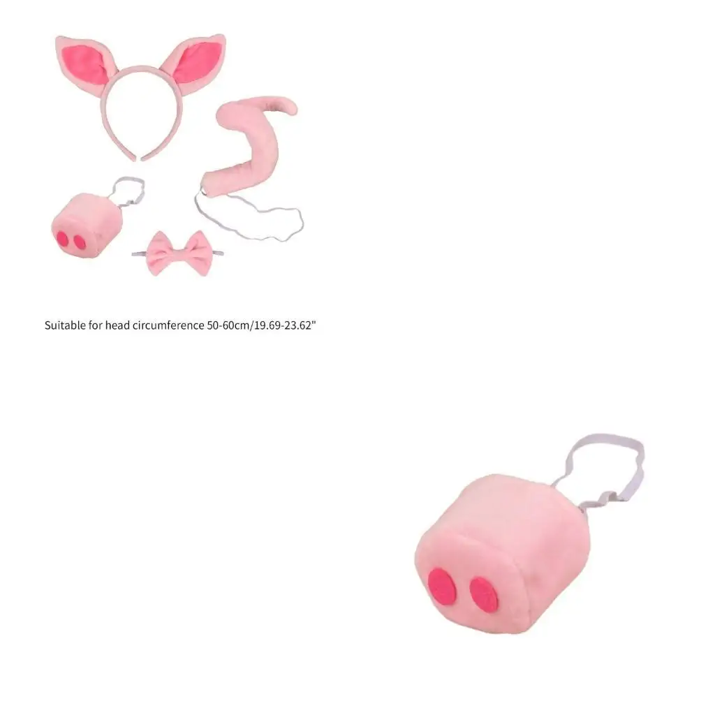 

652F 1/4Pcs Pig Costumes for Kids Adult Pink Pig Ears Headband Tail Bowtie and Nose Halloween Animal Cosplay Accessories