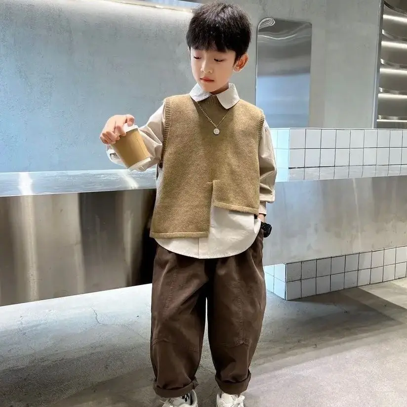 3 PCS set Spring Autumn Boy Clothing set Casual knitting vest+ top+ Pant Kid Children baby toddler boy korea Style clothes 2-10