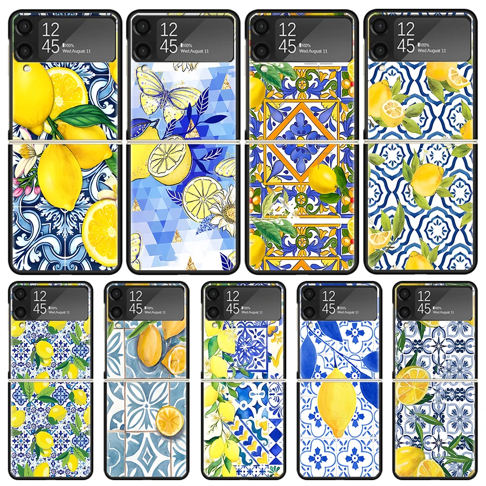 Mediterranean Lemon Black Phone Cases for Samsung Z Flip 6 5 4 3 Luxury Hard Galaxy ZFlip6 Flip5 Flip4 Flip3 Mobile Shell Cover