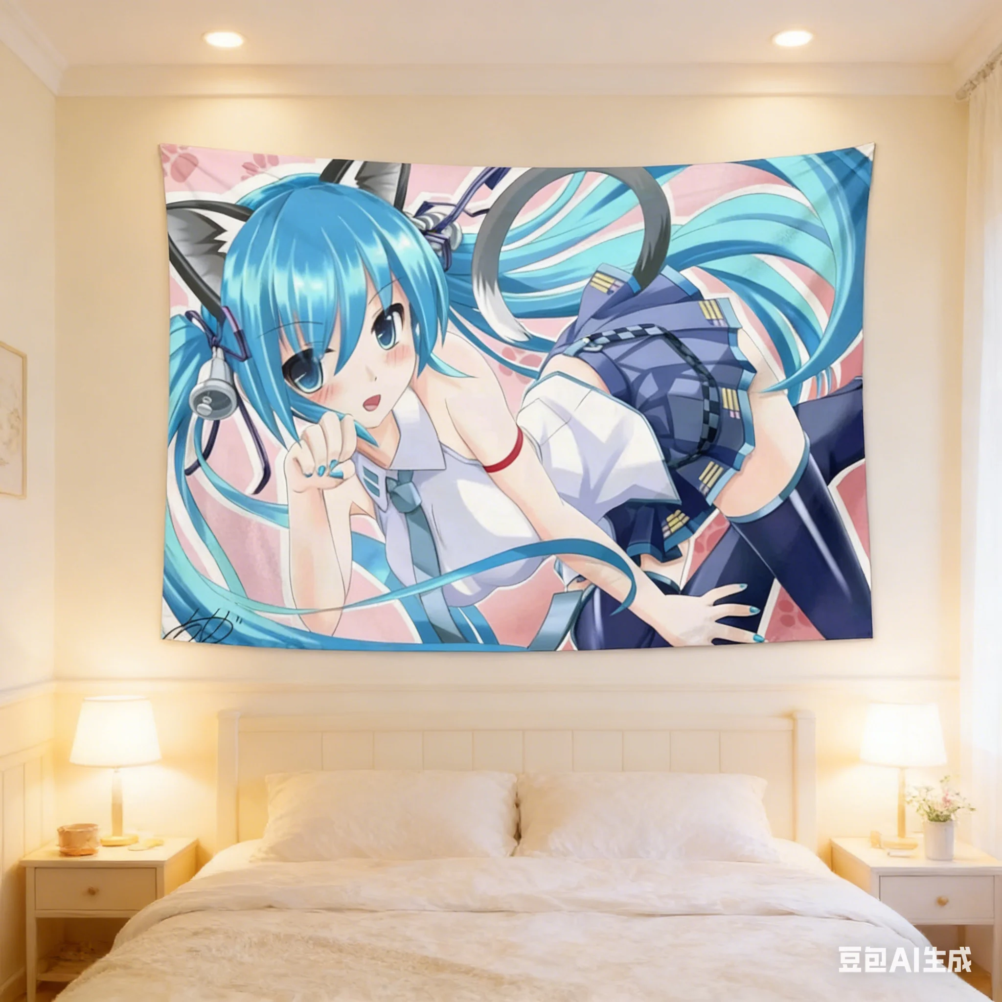 1pc Anime Blue-Haired Miku Tapestry, Polyester Wall Art with Cat Ears & School Uniform, Kawaii Otaku Room Decor, Ideal Gift for