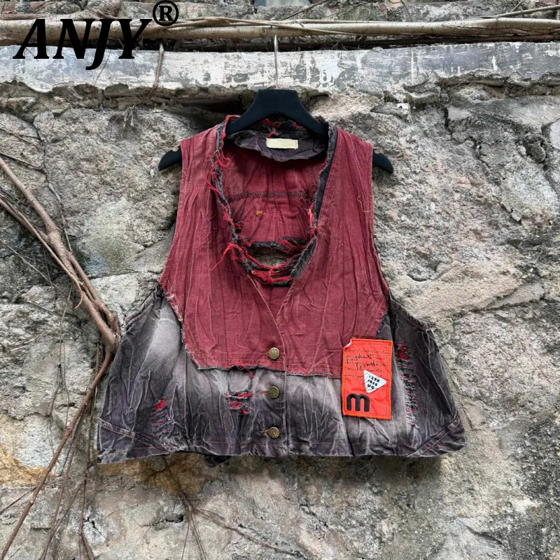 ANJY Primavera Verano Nueva Tendencia para Mujer Chaleco Vaquero sin Mangas con Cuello en V y Parches Rasgados Estilo Safari Pantalones Sueltos hasta la Rodilla A22405