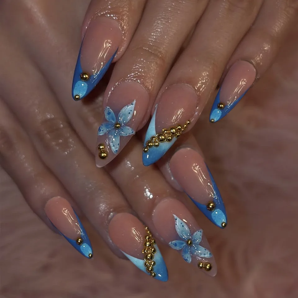 Nude fake nails with pink blue flowers print metal beads rhinestones design Almond shape nail tips press on false nail art