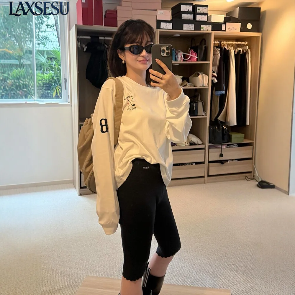 Japanese Badge Printed Embroidered Patch Fabric Long Sleeved Shirt Casual Loose Shoulder Round Neck Cotton Couple T-shirts