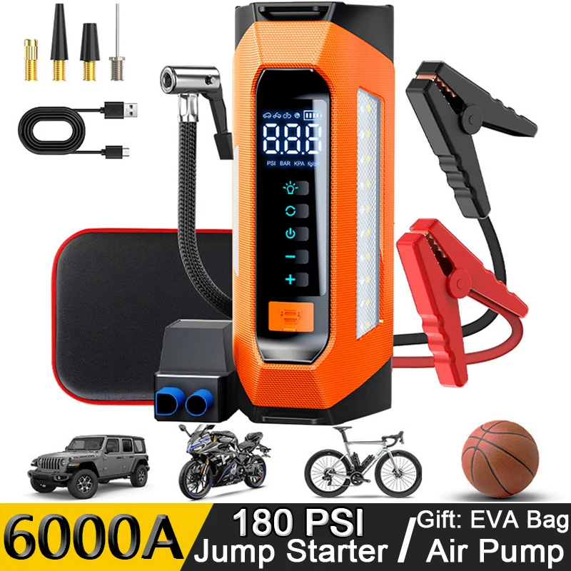 PSOOO 6000a Car Jump Starter 180 PSI Compressor Battery Portable Powerbank Super Capacitor Booster 12v Emergency Jumper Air Pump