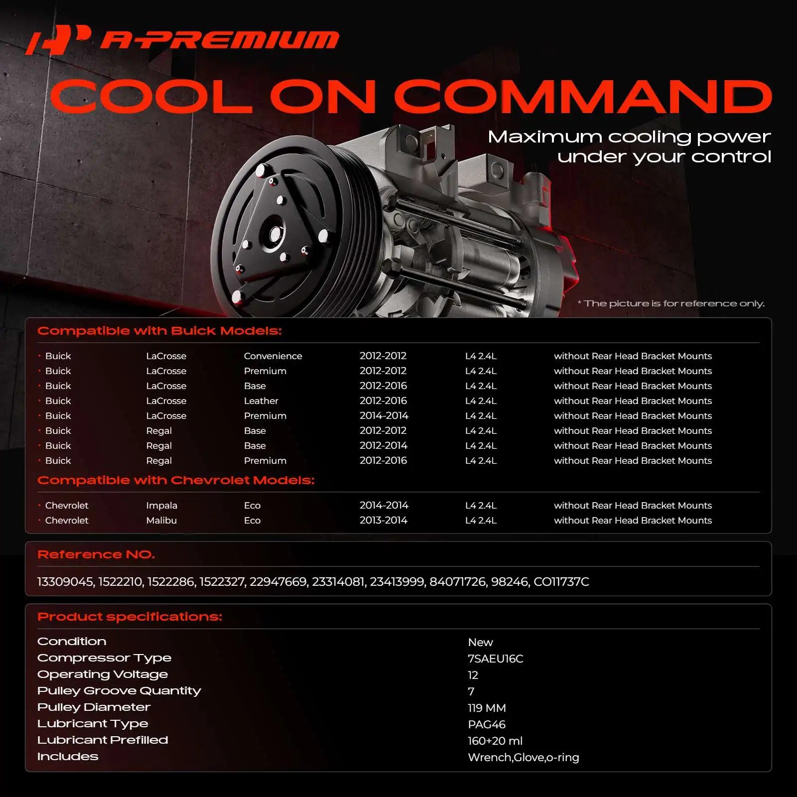 A-Premium AC Compressor with 7SAEU16C Style for Chevy Malibu 13-14 Impala Buick Regal 2.4L