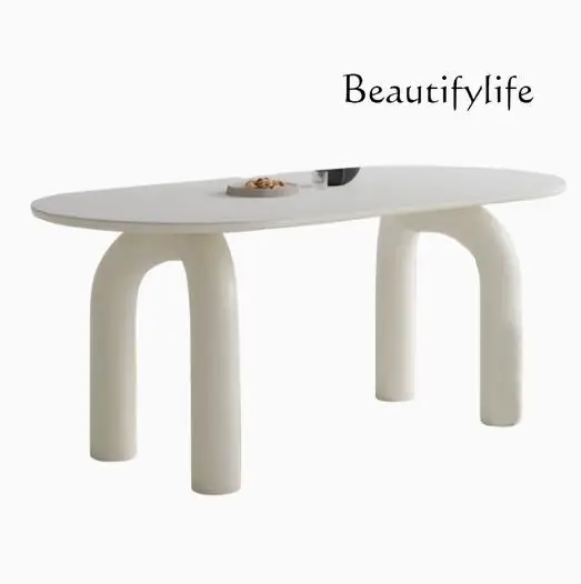 Rock slab dining table and chair combination French household simple modern dining table cream wind semi-round dining table