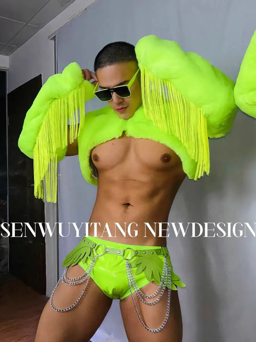 Sexy Fluorescent Green Faux Fur Vest Set Nightclub Bar Male Singer Dance Team Performance Clothing Party Theme Show Costume