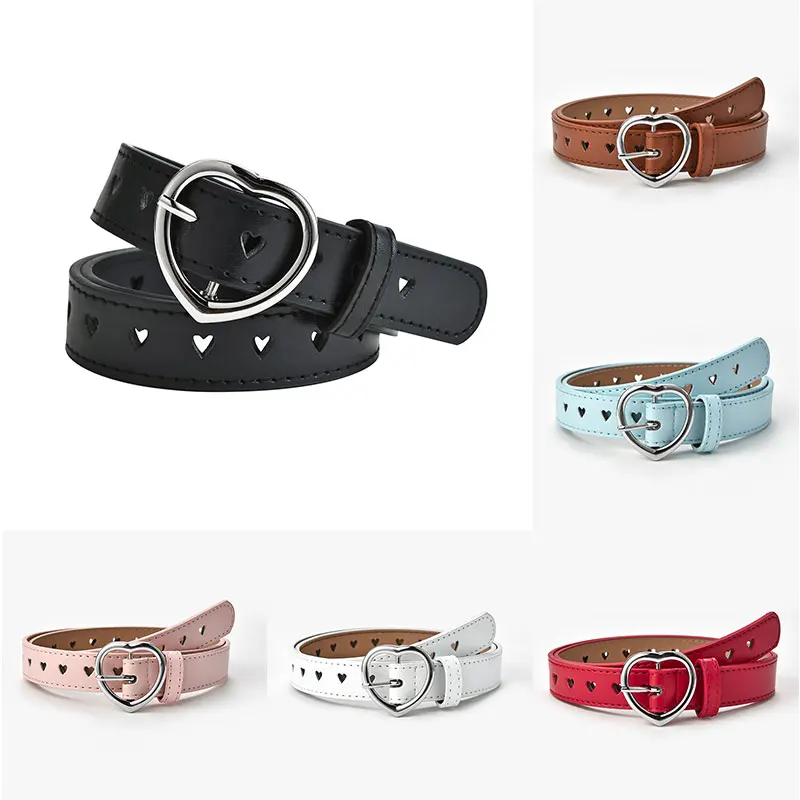 New Decorative Girl Belt for Children Heart Hollow Out Cute Waist Belt Pin Buckle Fashion Casual Kids Leather Belt 90cm