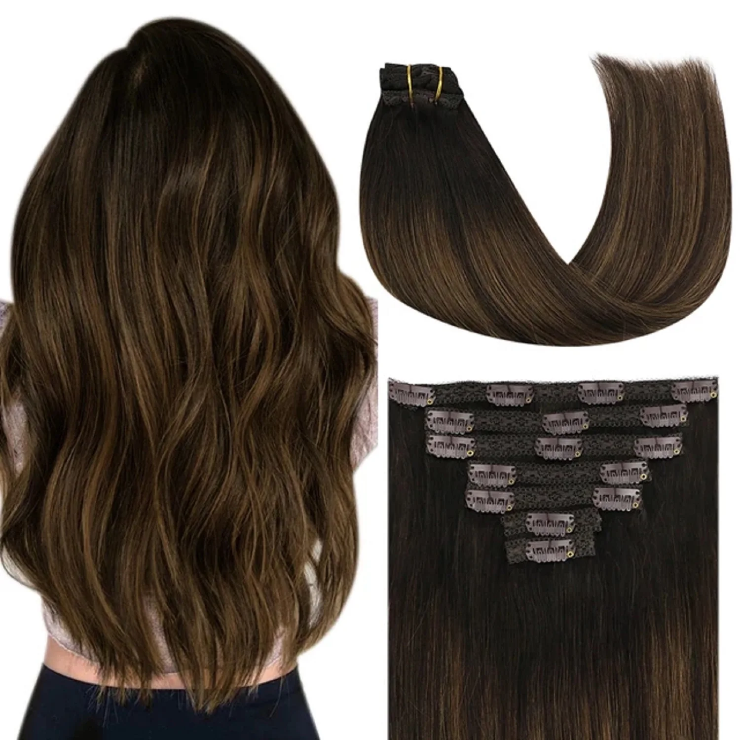 

YoungSee Ombre Black Clip in Hair Extensions with Lace Blend of Black and Silver with Black Roots Human Hair For Salon 7Pcs 120G