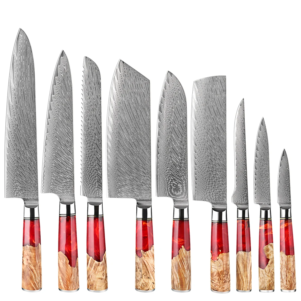 

Damascus Steel Kitchen Knives 1-9Piece Set Includes Chef Knife,Bread,Cleaver, Santoku Knife,Nakiri Boning Knife Red Resin Handle