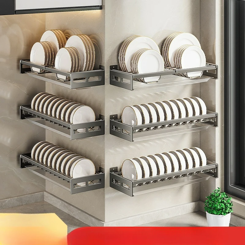 

Gunmetal Gray Dish Rack Drainer Kitchen No-Punch Wall Mount Dish Storage Rack Multi-functional Dish Storage Racks