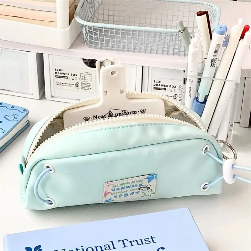 Simple Blue Drawstring Pencil Case Zipper Large Capacity Portable Student Pencil Case Stationery Storage Bag School Supplies