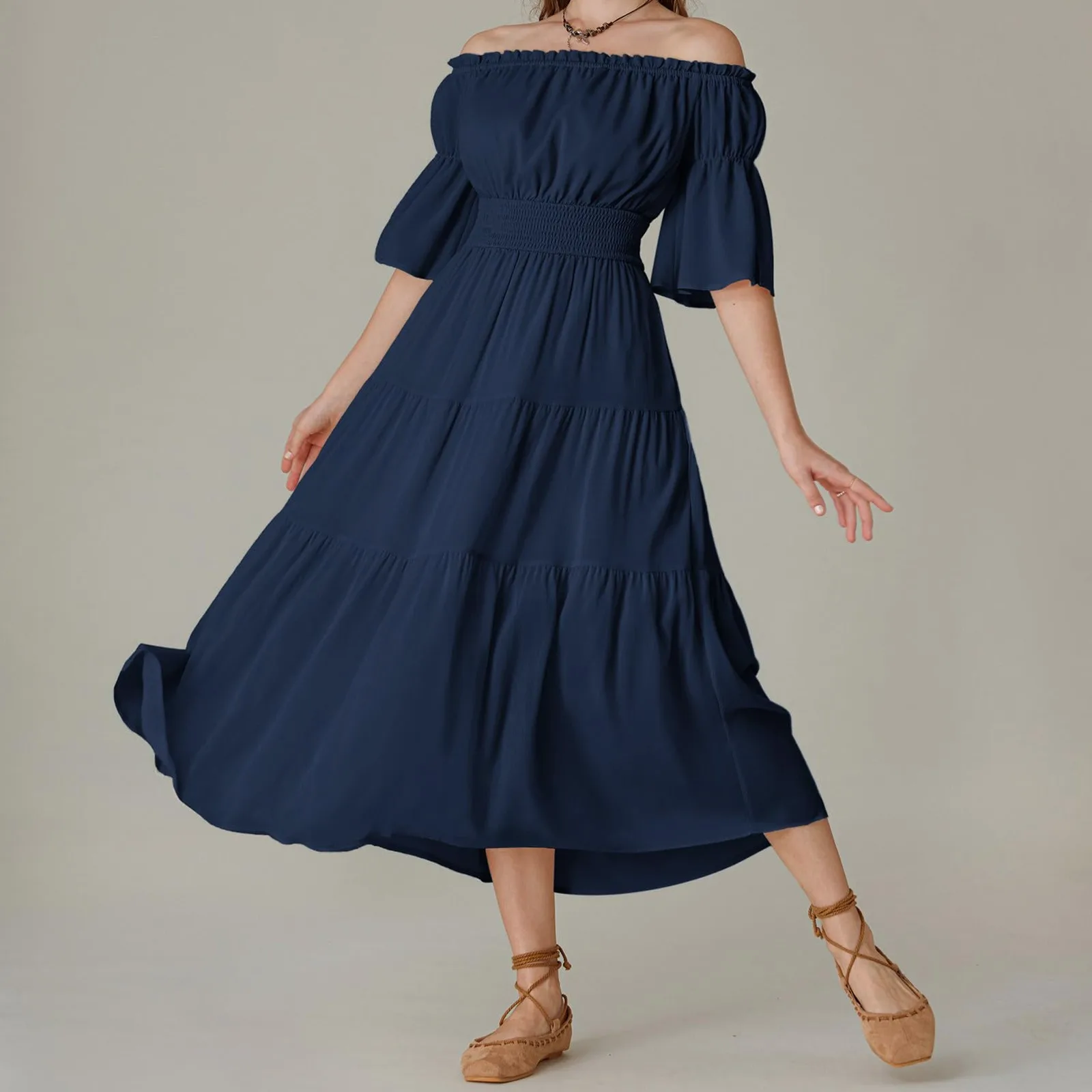 Elegante effen kleur bladerdeeg korte mouw damesjurk ruches off-shoulder elastische tailleband jurken boho stijl gewaad femme vestidos