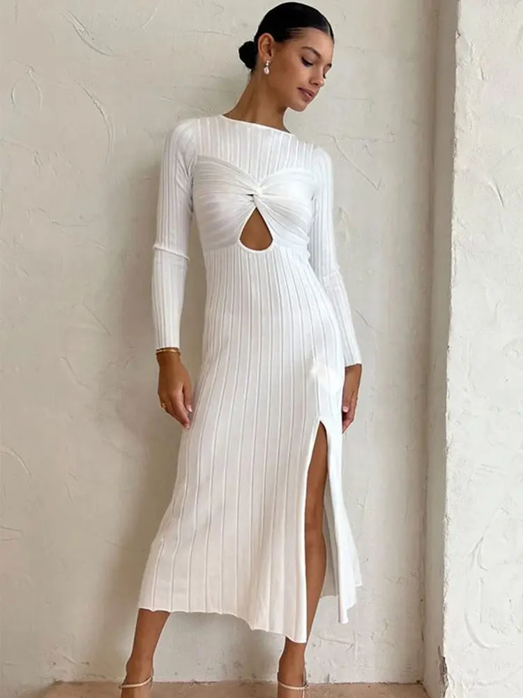 GACVGA seksowny, obcisły dzianinowa sukienka Streetwear z wycięciami z długim rękawem 2023 sukienki bandażowe typu Bodycon kobiet na wakacje w stylu