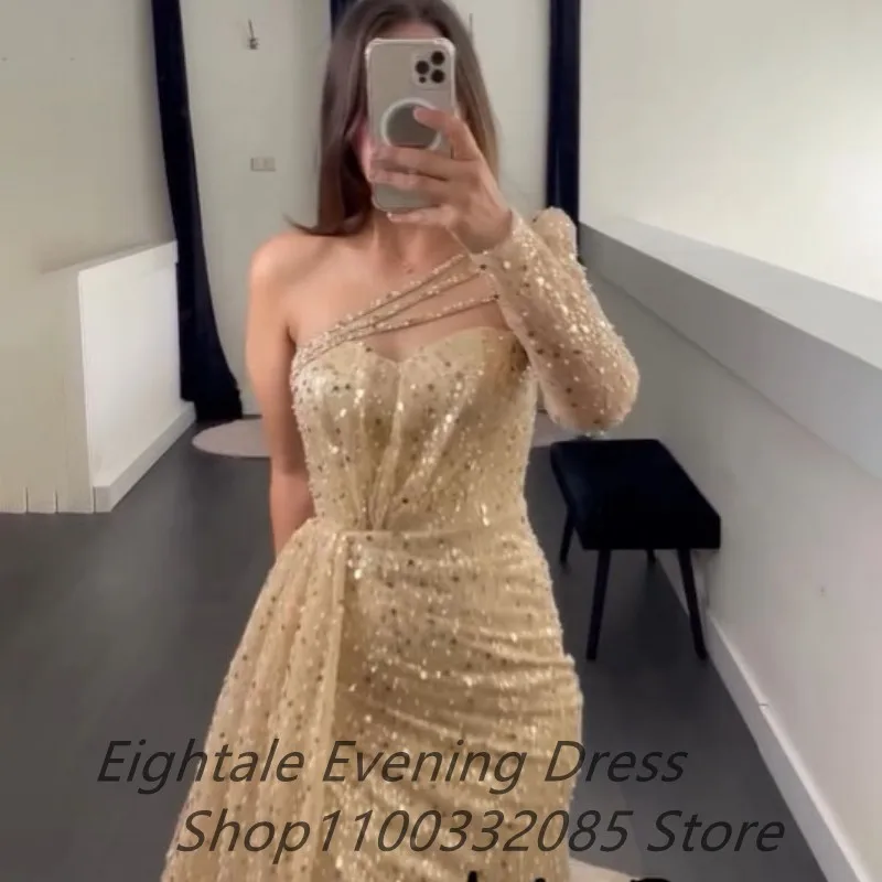 Customized Champagne Mermaid Sequin Evening Dress For Wedding Party Formal One Sleeve Sexy Slit Prom Dress Dubai Party Gown