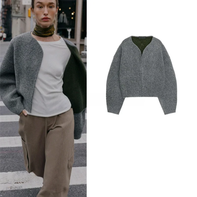 

Новое зимнее женское двустороннее вязаное пальто с V-образным вырезом, длинными рукавами, цветными вставками, открытым передом, свободного кроя, из полиэфирного волокна