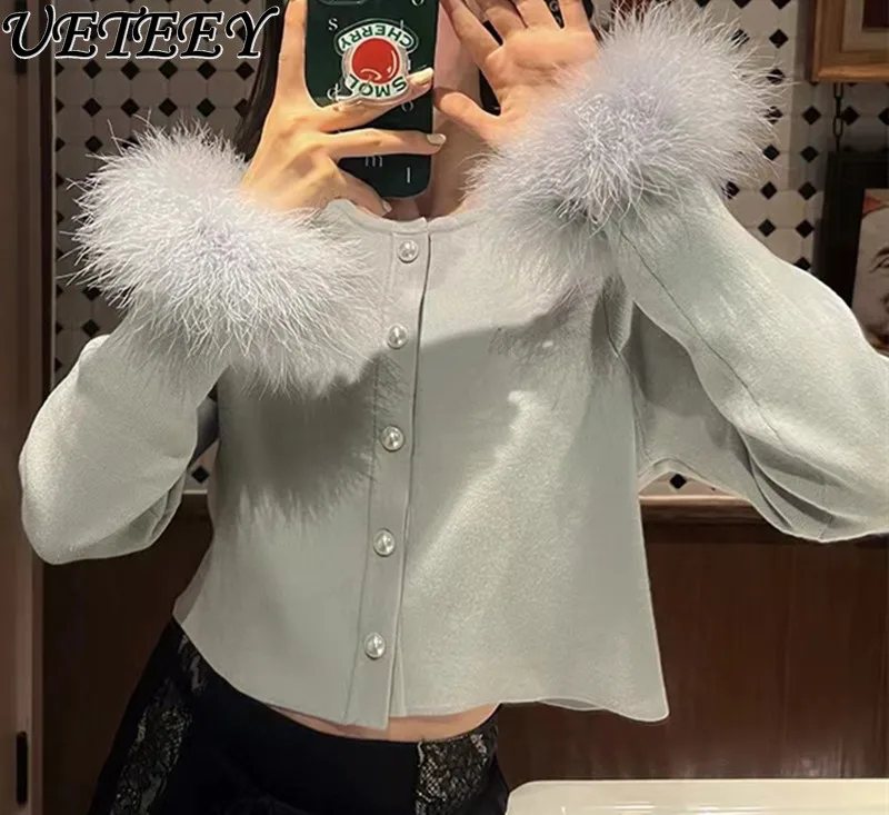 

New Autumn Knitted Feather Series Black Single-Breasted Knitted Cardigan Coat Short Long Sleeve Sweater Jacket for Women Trendy