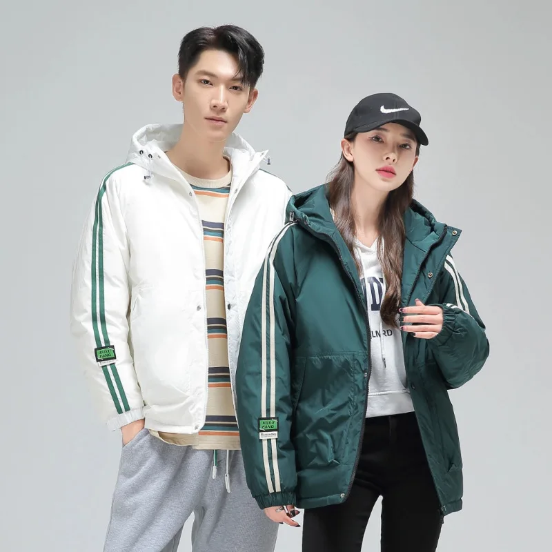 

New Winter Thiened Men's Women's ort down Jaet Anti-Cold Faionable Korean Sle Student Wear Stripe Patterned Winter ...