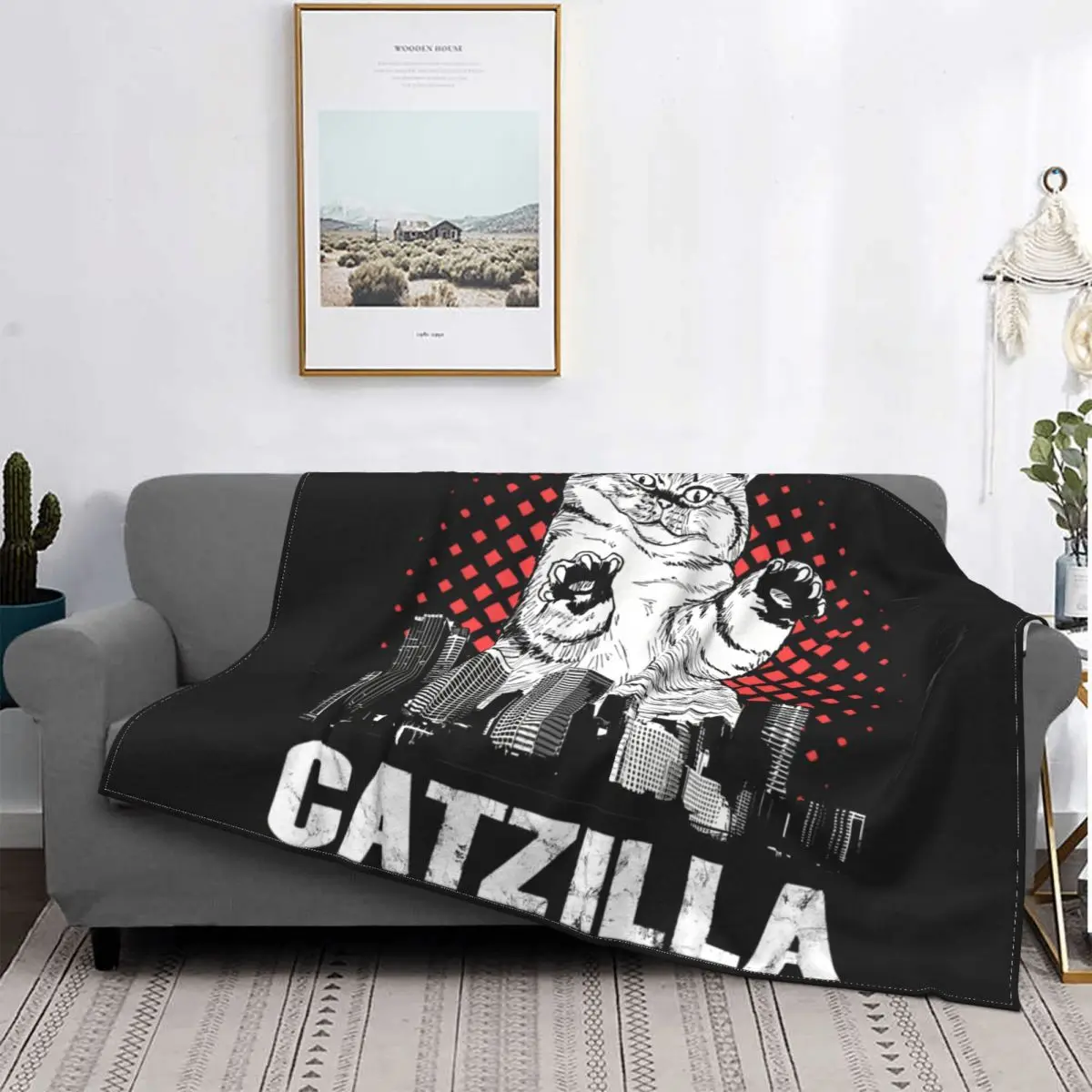 Cats Lover Pet Gift Catzilla Cat Blanket Fleece All Season Cute Lightweight Throw Blankets For Office Plush Thin Quilt