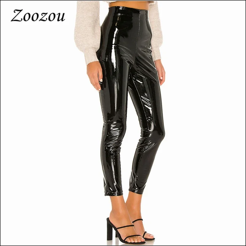 Women's Sexy Skinny Black Faux Leather High Waist Leggings Ladies Slim PU Casual Bodycon Pants Faux Latex Pants Support Custom