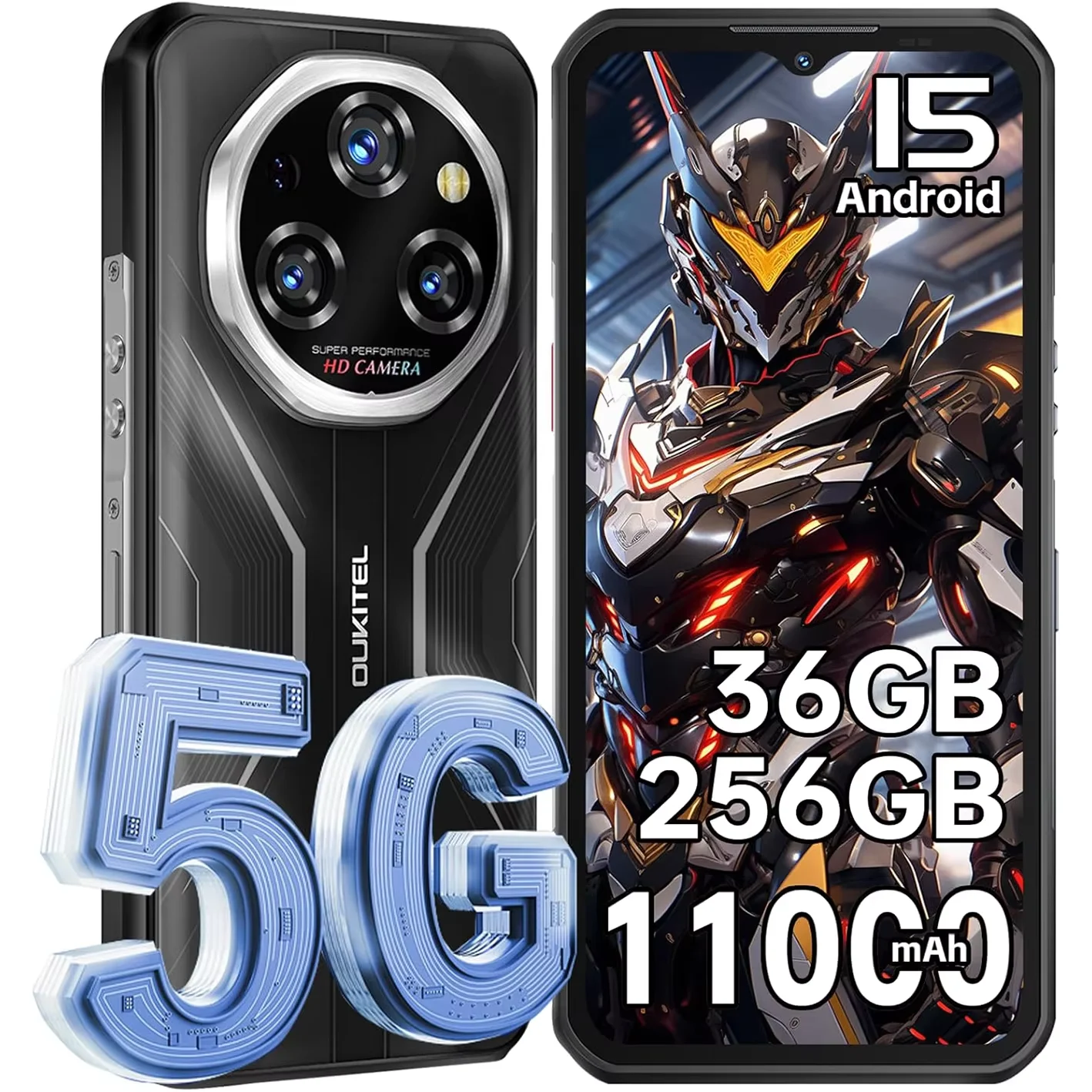 OUKITEL WP55 Android 15 Outdoor Smartphone 5G, 36GB+256GB/2TB Outdoor Cell Phone Without Contract 11000mAh, 6.6" FHD+ Constructi