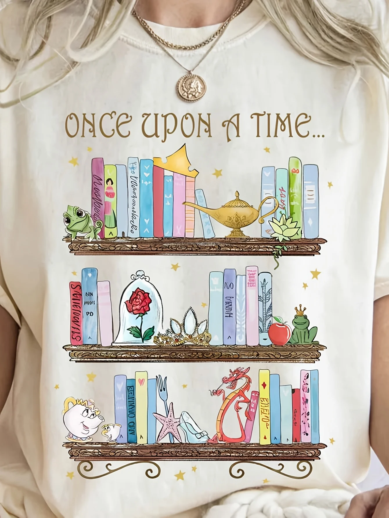 

Disney Princess Bookshelf T-shirt - Fairy Tale Short sleeved Lady Tiana and Mulan from a Long Time Ago - Pink