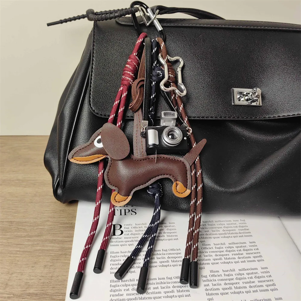 

Brown leather Dachshund Pendant Camera Bone Key Chain Women Men Bag Pendant