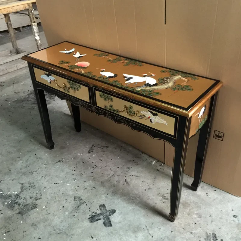 Hand Painted Solid Wood Two Drawer Porch Table with Bright Paint and Gold Foil Accent Cabinet Furniture for Entryway or