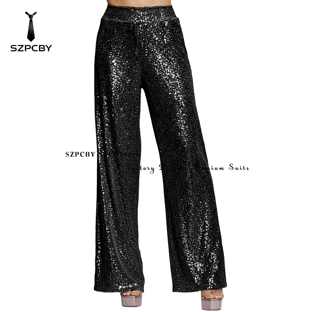 Women's Pants and Trousers Solid Sequin Black Wide Leg Pants for Women Elastic Waist Casual Outfit for Evening Party Customized