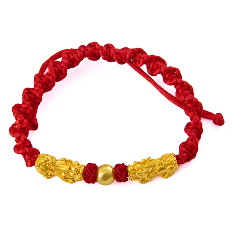 9999 24K Real Gold Pixiu Zodiac Year Transfer Bead Double Pixiu Hand Rope Hand Woven Men's and Women's Gold Lucky Bracelet