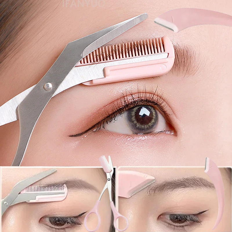 2Pcs Crescent Moon Augenbraue Trimmer Set Edelstahl Gebogene Frauen Augenbraue Wimpern Tragbare Haar Schere mit Kamm Make-Up-Tool