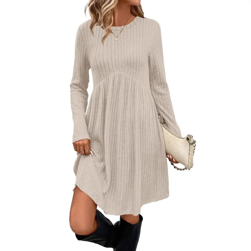 

2026 Women's Dress Long Dress Knitted Crew Neck High Waist Girdle Pocket Femininity