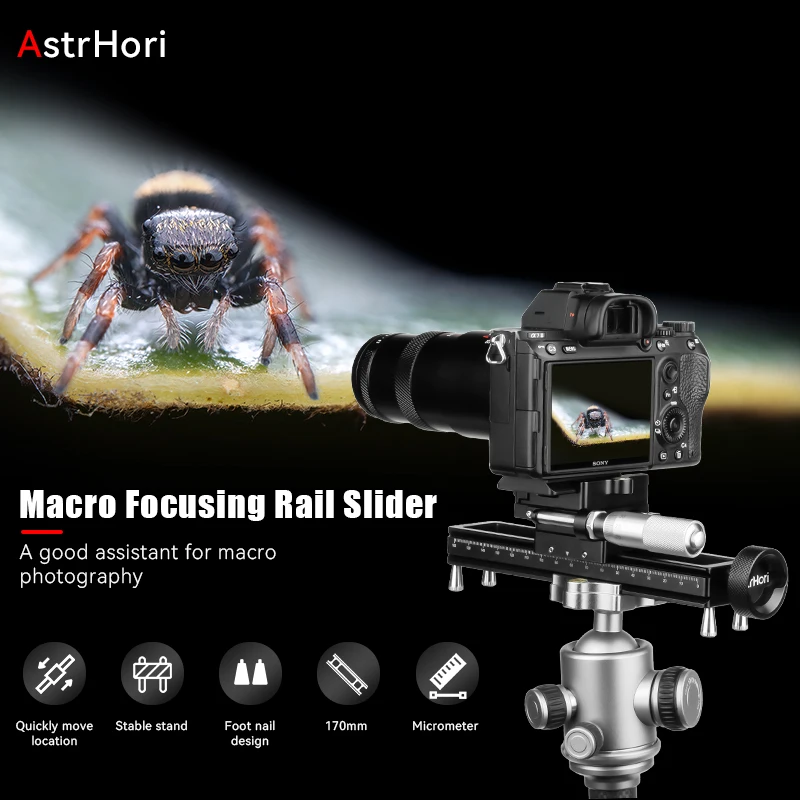 AstrHori 수동 퀵 조정 매크로 포커싱 레일 실더, 360 도 회전 클램프, AH-MCA170 170mm
