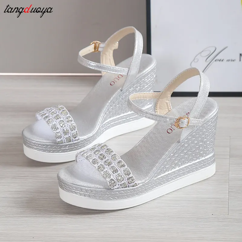 gold silver Wedges High Heels Sandals for Women Summer Buckle Strap Platform Sandalias Mujeres Thick Bottom Beach Shoes Woman