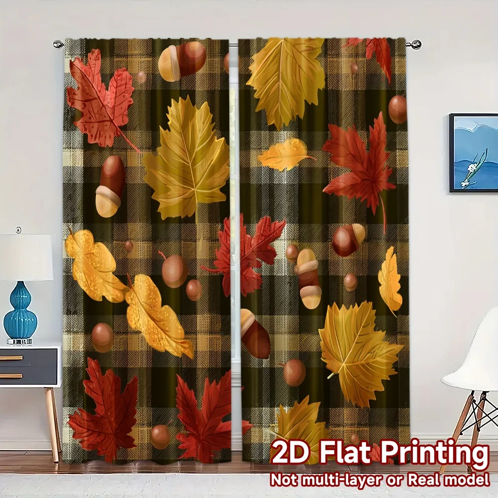 2pcs,Curtains Autumn Leaves Plaid Pattern Popular Curtain Cloth Durable Polyester Curtains Outdoor Decorations for Bedroom