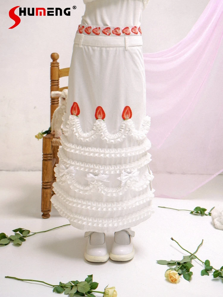 

Original Girls Sweet Strawberry Print Lace Bow Long Skirt Autumn 2025 Women's High Waist Slim Elegant Straight Skirt Hip Skirts