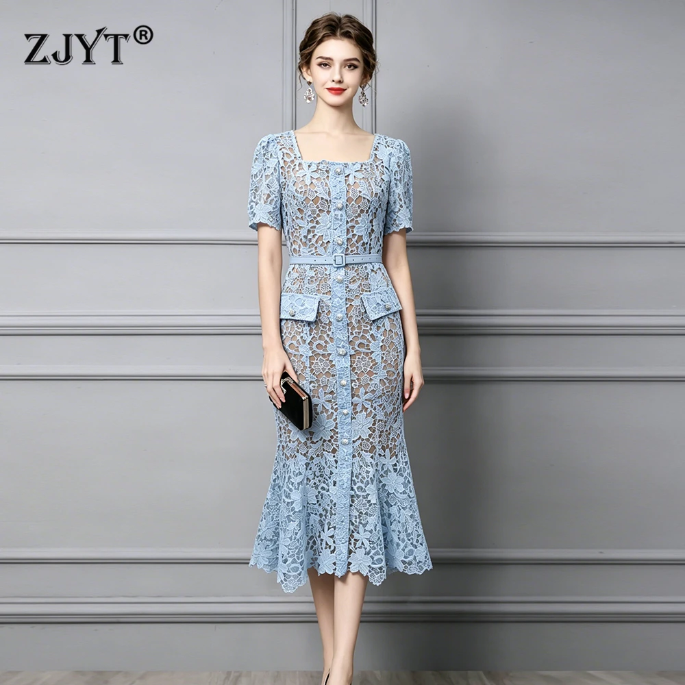 ZJYT Ladies Elegant Summer Hollow Out Lace Dress Woman 2026 Designer Fashion Square Collar Midi Mermaid Party Dresses Blue Pink