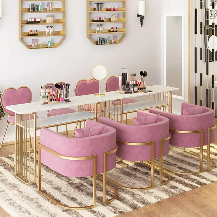 

double metal long tables vanity makeup marble manicure nail salon table furniture set manicure table desk and chair set